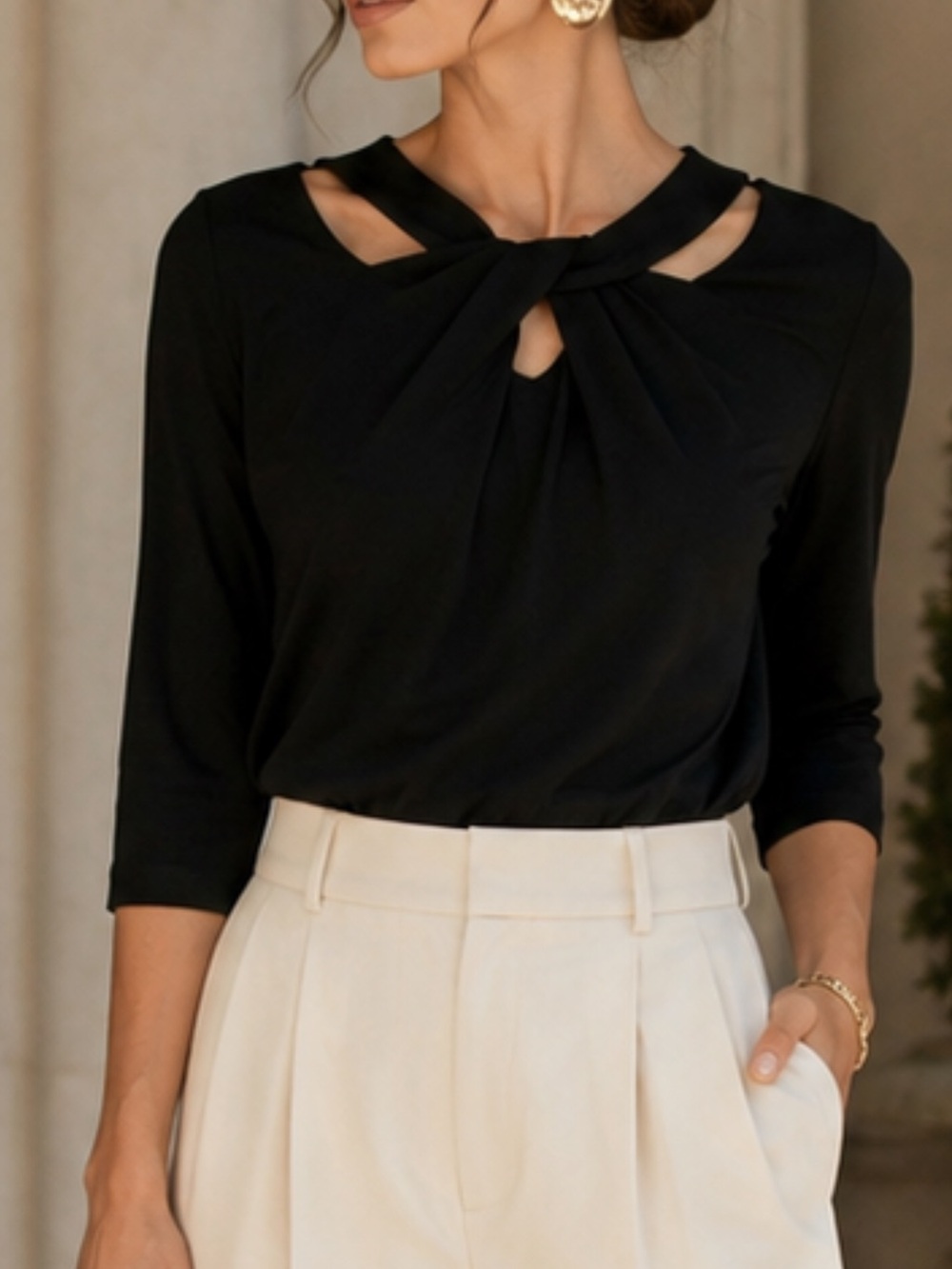 Kasper Small Black Twist Neck Cutout 3/4 Sleeve Top sz S